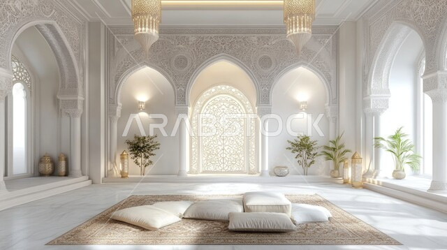 Architectural engineering art, decorations and interior designs, a room with modern contemporary designs, interest in green ornamental plants, white pillows, decorations in the Arab Islamic style, residential apartments and villas in the Kingdom of Saudi Arabia