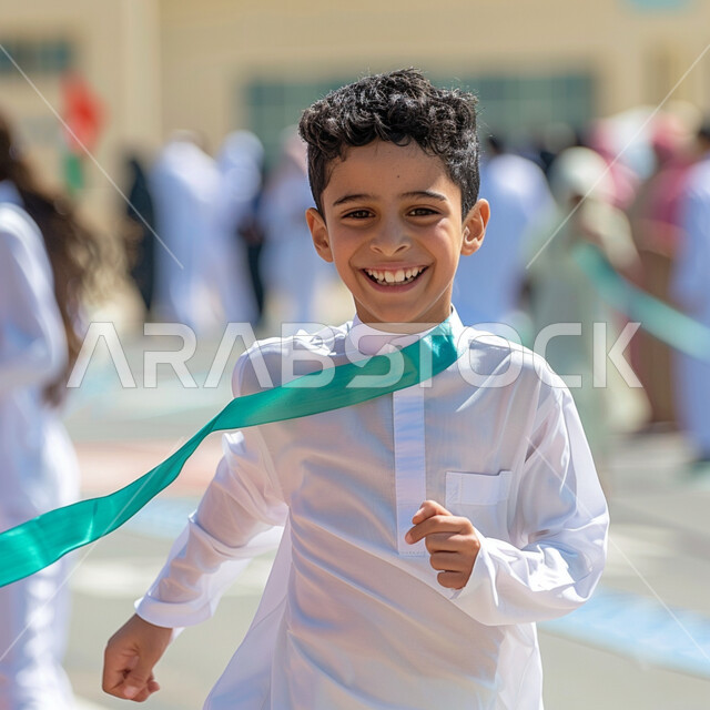 Academic schools in the Kingdom of Saudi Arabia, Saudi Gulf Arab students running, time for play and entertainment in school recess, gestures indicating happiness and fun, preparation for the new semester