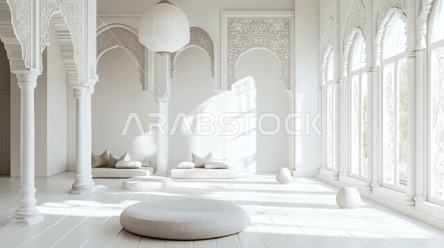 غرفة ذات تصاميم حديثة عصرية ،الفن الهندسي المعماري للديكورات والتصاميم الداخلية ،وسائد  وأعمدة بيضاء اللون ،زخارف على الطراز العربي الإسلامي ،شقق وفلل سكنية في المملكة العربية السعودية