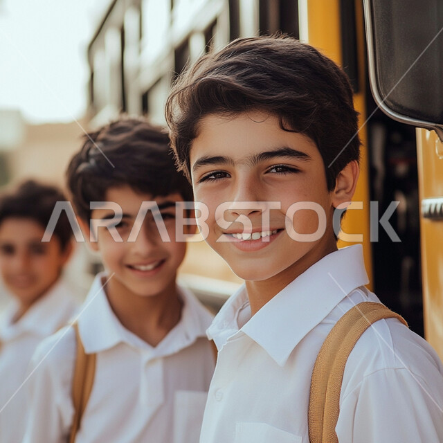 الاجتهاد والمثابرة للوصول الى المراتب العليا، تلاميذ عرب خليجيين سعوديين يرتدون اليونيفورم  ويضعون حقيبة الظهر الخاصة بالمدرسة, المدارس الأكاديمية في السعودية، الالتزام بالدوام المدرسي، النظر إلى الكاميرا بإيماءات الساعدة والسرور, الاستعداد للعام الدراسي الجديد