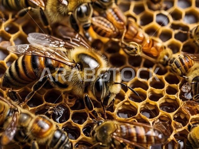 مجموعه من النحل في الخلية، مزارع تربية النحل في السعوديه, استخراج العسل الطبيعي من المناحل في المملكه العربيه السعوديه، شمع نحل العسل الاصلي، منتج وطني محلي سعودي
