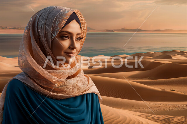 ملابس وحجابات نسائية عصريه راقية، مفهوم الأنوثة والنعومة والاهتمام بالمظهر الخارجي، امرأة عربية خليجية سعودية ترتدي الحجاب والعباءة  تقف باستقامة وتنظر إلى شيء ما، خلفية التلال والكثبان الرملية في الصحراء.