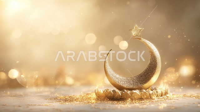 البهجة بقدوم شهر الخير، ديكورات وزينة رمضان المبارك، مجسم ثلاثي الابعاد لهلال باللون الذهبي ،ديكورات وتصاميم اسلامية، الاحتفال بالمناسبات والأعياد الدينية