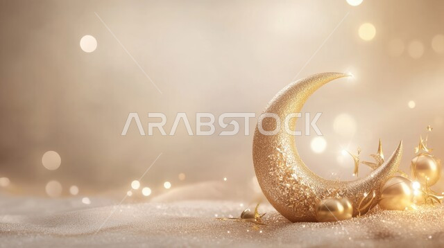 مجسم ثلاثي الابعاد لهلال باللون الذهبي ، ديكورات وتصاميم اسلامية، الاحتفال بالمناسبات والأعياد الدينية، البهجة بقدوم شهر الخير، ديكورات وزينة رمضان المبارك