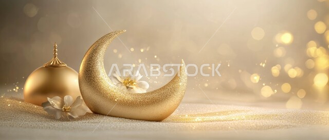 البهجة بقدوم شهر الخير، ديكورات وزينة رمضان المبارك، مجسم ثلاثي الابعاد لهلال باللون الذهبي ،ديكورات وتصاميم اسلامية، الاحتفال بالمناسبات والأعياد الدينية