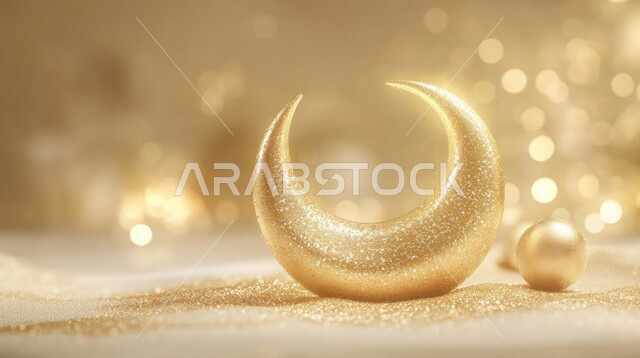 ديكورات وتصاميم اسلامية، الاحتفال بالمناسبات والأعياد الدينية، البهجة بقدوم شهر الخير، ديكورات وزينة رمضان المبارك، مجسم ثلاثي الابعاد لهلال باللون الذهبي
