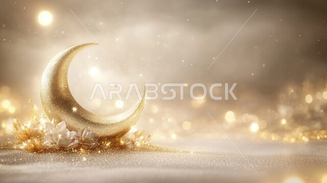 مجسم ثلاثي الابعاد لهلال باللون الذهبي ، ديكورات وتصاميم اسلامية، الاحتفال بالمناسبات والأعياد الدينية، البهجة بقدوم شهر الخير، ديكورات وزينة رمضان المبارك