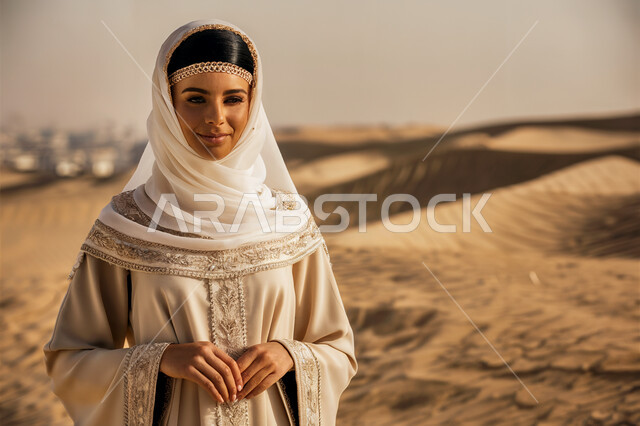 ملابس وحجابات نسائية عصريه راقية، مفهوم الأنوثة والنعومة والاهتمام بالمظهر الخارجي، امرأة عربية خليجية سعودية ترتدي الحجاب والعباءة  تقف باستقامة في وسط الصحاري، خلفية التلال والكثبان الرملية في الصحراء.