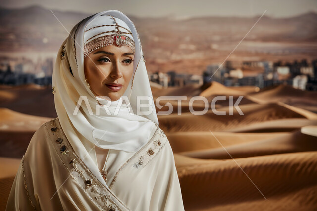 ملابس وحجابات نسائية عصريه راقية، مفهوم الأنوثة والنعومة والاهتمام بالمظهر الخارجي، امرأة عربية خليجية سعودية ترتدي الحجاب والعباءة  تقف باستقامة في وسط الصحاري، خلفية التلال والكثبان الرملية في الصحراء.