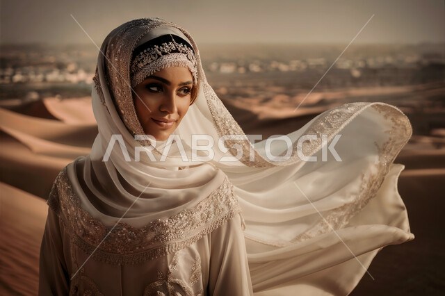 Modern elegant women's clothing and hijabs, the concept of femininity, softness and interest in outward appearance, a Saudi Arabian Gulf woman wearing a hijab and an abaya standing straight in the middle of the desert, the background is hills and sand dunes in the desert.