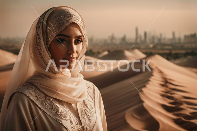ملابس وحجابات نسائية عصريه راقية، مفهوم الأنوثة والنعومة والاهتمام بالمظهر الخارجي، امرأة عربية خليجية سعودية ترتدي الحجاب والعباءة  تقف باستقامة في وسط الصحاري، خلفية التلال والكثبان الرملية في الصحراء.