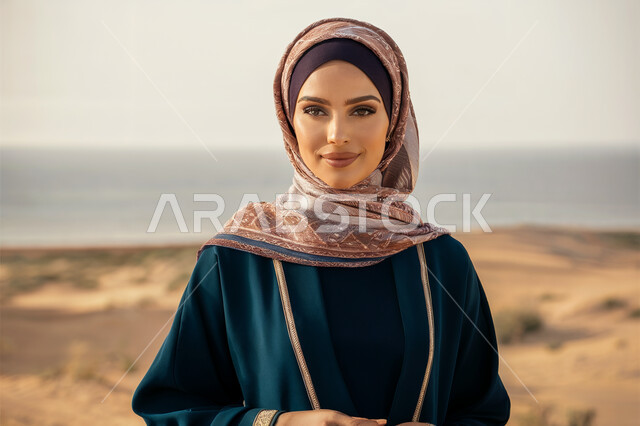 ملابس وحجابات نسائية عصريه راقية، مفهوم الأنوثة والنعومة والاهتمام بالمظهر الخارجي، امرأة عربية خليجية سعودية ترتدي الحجاب والعباءة  تقف باستقامة في وسط الصحاري، خلفية التلال والكثبان الرملية في الصحراء.