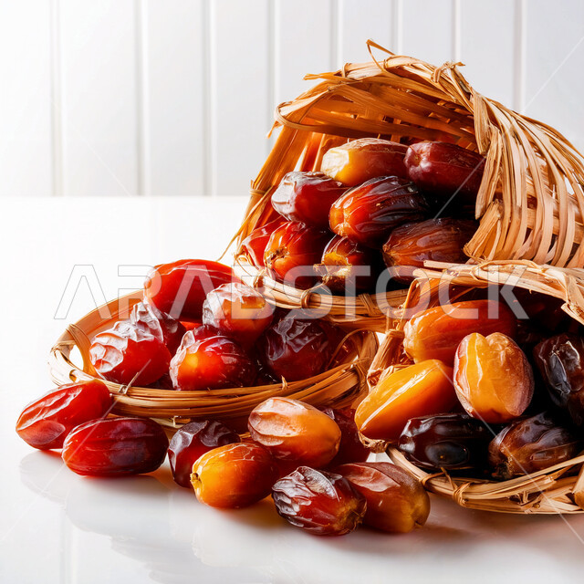 وجبة ذات قيمة غذائية عالية، صورة مقربة لحبات التمر الصحي، ضيافة رمضانية تقليدية، أنواع التمور المتميزة، سناكات صحية مفيدة, خلفية بيضاء