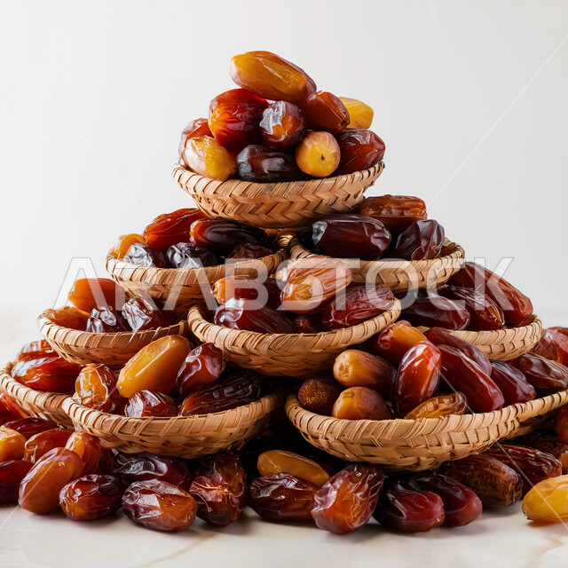 High nutritional value meal, close-up of healthy dates, traditional Ramadan hospitality, distinctive types of dates, healthy snacks, white background