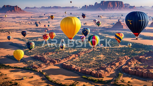 الأنشطة الترفيهية الممتعة, منطاد مملوء بالهواء الساخن يحلق فوق الصحراء الواسعة, وجهة عائلية سياحية طبيعية, البالونات الهوائية تطير في سماء المملكة العربية السعودية