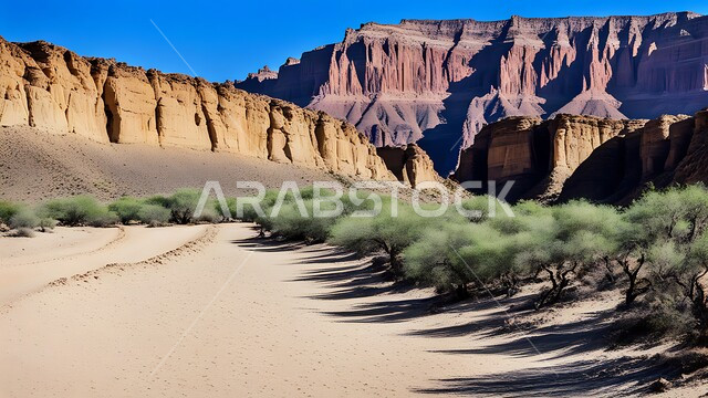 مناطق البادية والبيئة الطبيعية الصحراوية الجافة، الكثبان والتلال من الرمال الناعمة الذهبية، التضاريس و المرتفعات والقمم في البراري، التكوينات والتشكلات الرملية في صحراء المملكة العربية السعودية
