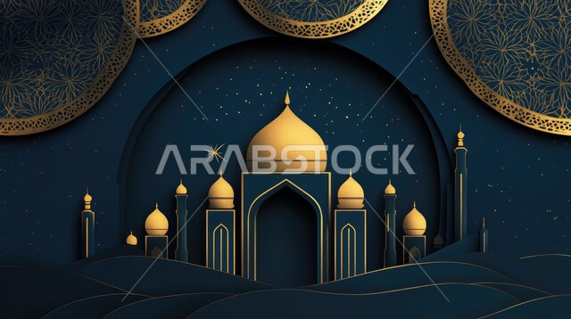 Islamic architectural art of mosques, spiritual Islamic atmosphere, the concept of worship and drawing closer to God, performing religious duties and prayers on time, illustrations of a mosque in the Kingdom of Saudi Arabia