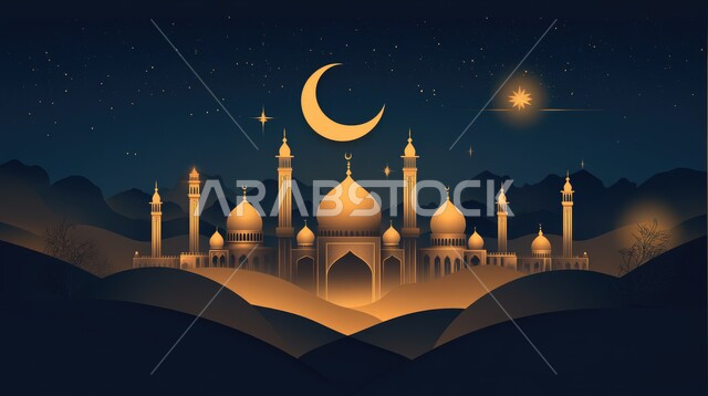 الفن الهندسي المعماري على الطراز الاسلامي للمساجد، اجواء اسلامية روحانية، مفهوم العبادة و التقرب الى الله، أداء الفرائض والصلوات على وقتها،رسوم توضيحية لمسجد في المملكة العربية السعودية، منظر الهلال في السماء