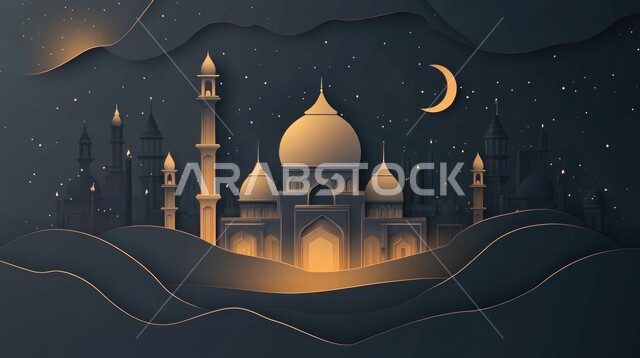 منظر الهلال في السماء ،  الفن الهندسي المعماري على الطراز الاسلامي للمساجد، اجواء اسلامية روحانية، مفهوم العبادة و التقرب الى الله، أداء الفرائض والصلوات على وقتها،رسوم توضيحية لمسجد في المملكة العربية السعودية