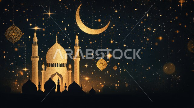 Crescent moon and stars scattered in the sky, 3D drawing of a illuminated mosque at night, distinctive decorations and designs in the Islamic style for domes and minarets, places for performing religious duties, architectural engineering art for building mosques in the Kingdom of Saudi Arabia