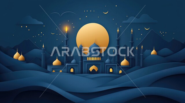 رسم ثلاثي الأبعاد لمسجد مضيء في و قت الليل, منظرالقمر في السماء, ديكورات وتصاميم متميزه على الطراز الاسلامي للقبب والمآذن, أماكن لأداء الفرائض الدينية, الفن الهندسي المعماري لبناء المساجد في المملكه العربيه السعوديه