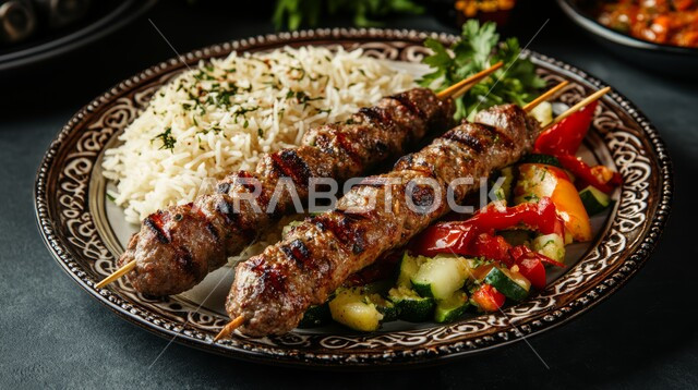 مطاعم متنوعة للمأكولات العربية الشرقية، صورة لطبق من أسياخ المشاوي مع الرز و الخضروات، أطعمة وأغذية صحية، وجبات لحم الضأن الشهية الساخنة