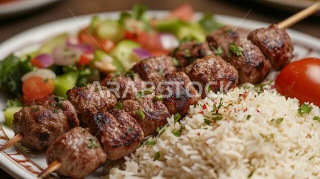 Various restaurants for oriental Arabic cuisine, a picture of a plate of grilled skewers with rice and vegetables, healthy foods and meals, delicious hot lamb meals