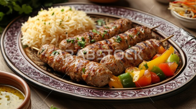 مطاعم متنوعة للمأكولات العربية الشرقية، صورة لطبق من أسياخ المشاوي مع الرز و الخضروات، أطعمة وأغذية صحية، وجبات لحم الضأن الشهية الساخنة