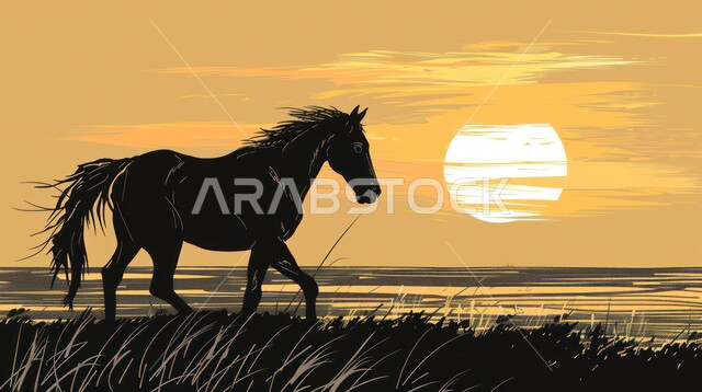 رسوم ظلية لخيل عربي أصيل في وسط الطبيعة،الشغف بتربية الخيول العربية والفروسية، توارث حب ورعاية الجياد من الأجداد في المملكة العربية السعودية، رمز الأصالة والعروبة، مزارع ومحميات طبيعية لتربية وترويض الحيوانات والأحصنة