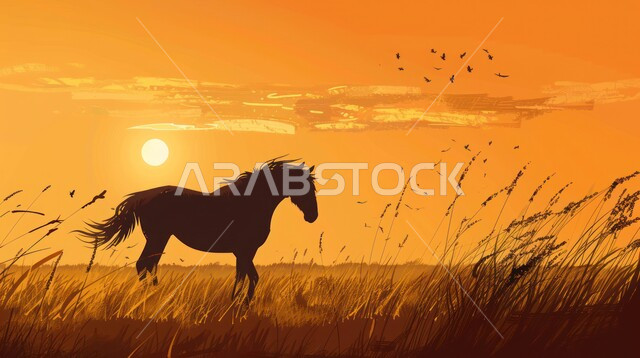 رسوم ظلية لخيل عربي أصيل في وسط الطبيعة،الشغف بتربية الخيول العربية والفروسية، توارث حب ورعاية الجياد من الأجداد في المملكة العربية السعودية، رمز الأصالة والعروبة، مزارع ومحميات طبيعية لتربية وترويض الحيوانات والأحصنة