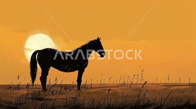 رسوم ظلية لخيل عربي أصيل في وسط الطبيعة،الشغف بتربية الخيول العربية والفروسية، توارث حب ورعاية الجياد من الأجداد في المملكة العربية السعودية، رمز الأصالة والعروبة، مزارع ومحميات طبيعية لتربية وترويض الحيوانات والأحصنة