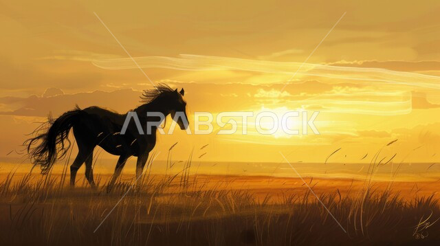 رسوم ظلية لخيل عربي أصيل في وسط الطبيعة،الشغف بتربية الخيول العربية والفروسية، توارث حب ورعاية الجياد من الأجداد في المملكة العربية السعودية، رمز الأصالة والعروبة، مزارع ومحميات طبيعية لتربية وترويض الحيوانات والأحصنة