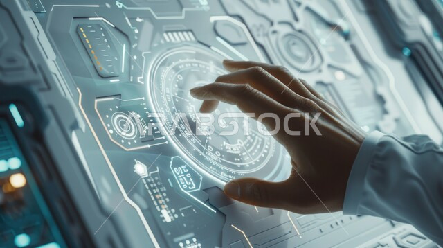 النمو والتقدم التكنولوجي، تحسين كفاءة العمل، استخدام التقنيات الالكترونية الحديثه، صورة مقربة ليد شخص يقوم بلمس الأيقونات الافتراضية، شاشات الكترونية مضيئة، مفهوم تنمية الاعمال والاقتصاد، عناصر ورموز هولوجرامية ثلاثية الابعاد