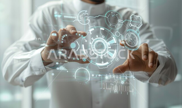 النمو والتقدم التكنولوجي، تحسين كفاءة العمل، استخدام التقنيات الالكترونية الحديثه، صورة مقربة ليدين شخص يقوم بلمس الأيقونات الافتراضية، شاشات الكترونية مضيئة، مفهوم تنمية الاعمال والاقتصاد، عناصر ورموز هولوجرامية ثلاثية الابعاد