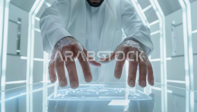 النمو والتقدم التكنولوجي، تحسين كفاءة العمل، استخدام التقنيات الالكترونية الحديثه، صورة مقربة ليدين شخص يقوم بلمس الأيقونات الافتراضية، شاشات الكترونية مضيئة، مفهوم تنمية الاعمال والاقتصاد، عناصر ورموز هولوجرامية ثلاثية الابعاد