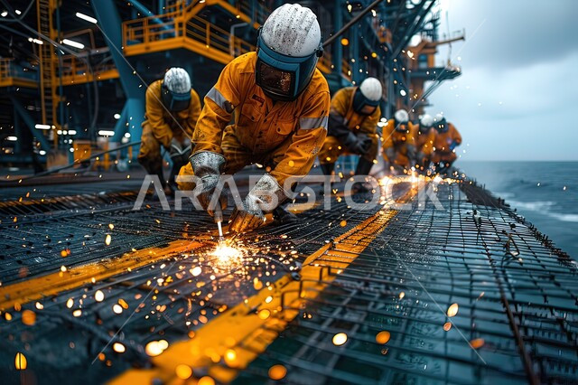 المهارة في اتقان العمل في مصنع الحداده، مصانع المعادن الخام في المملكة العربية السعودية, صورة مقربة لمجموعة حدادين عرب  خليجيون سعوديون يرتدون ملابس الحماية يقومون بلحام الحديد، خط إنتاج الفولاذ والمعادن المختلفة, الآلات والمعدات الثقيلة