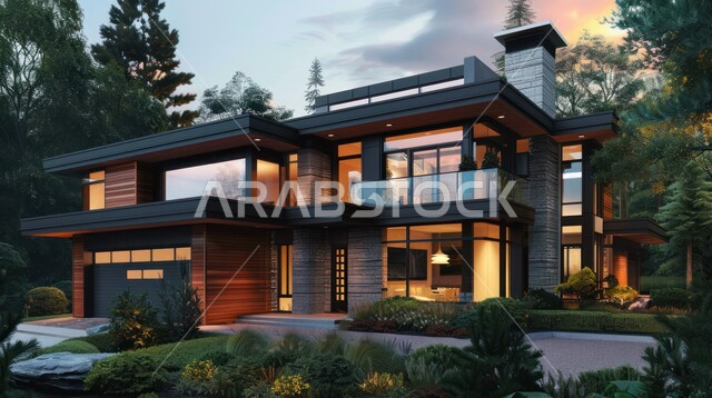 ديكورات وتصاميم خارجية عصرية متميزة على الطراز الحديث, الفن الهندسي المعماري بواجهات ضخمة زجاجية, البناء الخارجي الحديث المتطور للفنون الهندسية, الاهتمام بزراعة الأشجار.