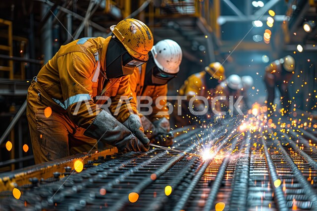 المهارة في اتقان العمل في مصنع الحداده، مصانع المعادن الخام في المملكة العربية السعودية, صورة مقربة لمجموعة حدادين عرب  خليجيون سعوديون يرتدون ملابس الحماية يقومون بلحام الحديد، خط إنتاج الفولاذ والمعادن المختلفة, الآلات والمعدات الثقيلة