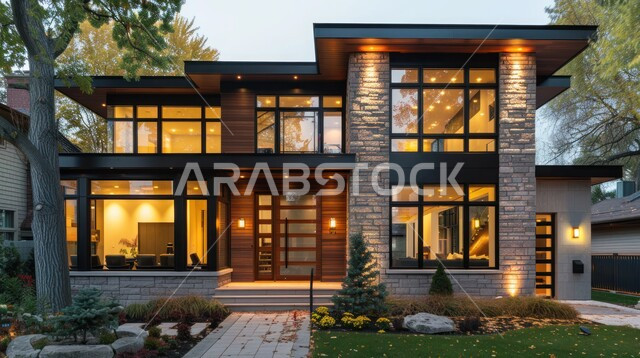 الفن الهندسي المعماري بواجهات ضخمة زجاجية, ديكورات وتصاميم خارجية عصرية متميزة على الطراز الحديث,  البناء الخارجي الحديث المتطور للفنون الهندسية, الاهتمام بزراعة الأشجار.