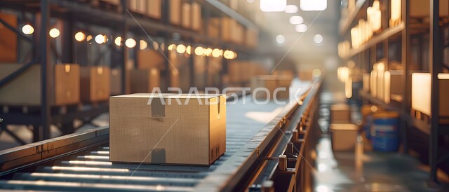 Logistics and wholesale concept, boxes and cartons packed inside the warehouse, receiving, storage and distribution operations, warehouses and stores of factories and plants in the Kingdom of Saudi Arabia, inventory management concept, industrial background