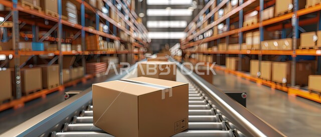 مفهوم الخدمات اللوجستية وتجارة الجملة، صناديق وكراتين مغلفة داخل المستودع، عمليات الاستلام والتخزين والتوزيع، مخازن ومستودعات معامل ومصانع المملكة العربية السعودية، مفهوم إدارة المخزون, الخلفية الصناعية