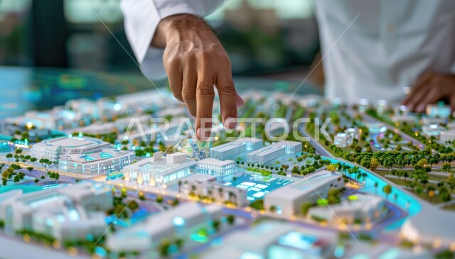 التصاميم والأشكال الجديدة للمشاريع الهندسية، التقدم التقني والتكنولوجي في مجال التصميم الهندسي المعماري، صورة مقربة ليدي مهندس عربي خليجي سعودي يقوم بشرح وتنفيذ المخططات الإنشائية، مجسمات مصغرة للأبراج في الأحياء والمدن المستقبلية في المملكة العربية السعودية