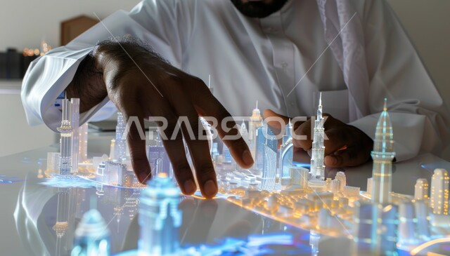 التصاميم والأشكال الجديدة للمشاريع الهندسية، التقدم التقني والتكنولوجي في مجال التصميم الهندسي المعماري، صورة مقربة ليدي مهندس عربي خليجي سعودي يقوم بشرح وتنفيذ المخططات الإنشائية، مجسمات مصغرة للأبراج في الأحياء والمدن المستقبلية في المملكة العربية السعودية