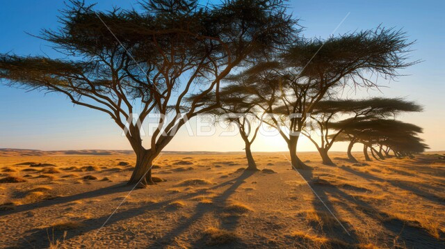 Acacia tree amidst sand dunes and hills in the Arabian deserts during daytime, dry desert environment and barren lands in Saudi Arabia, growth of wild plants and herbs, nature background