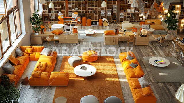 Interior designs for cafes and work halls, architectural engineering for building classrooms in Saudi Arabia, interior furniture in harmonious colors with glass facades, use of modern lights and accessories, wooden tables with comfortable chairs suitable for tiring work