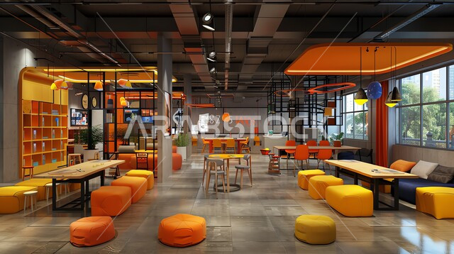 Interior designs for cafes and work halls, architectural engineering for building classrooms in Saudi Arabia, interior furniture in harmonious colors with glass facades, use of modern lights and accessories, wooden tables with comfortable chairs suitable for tiring work