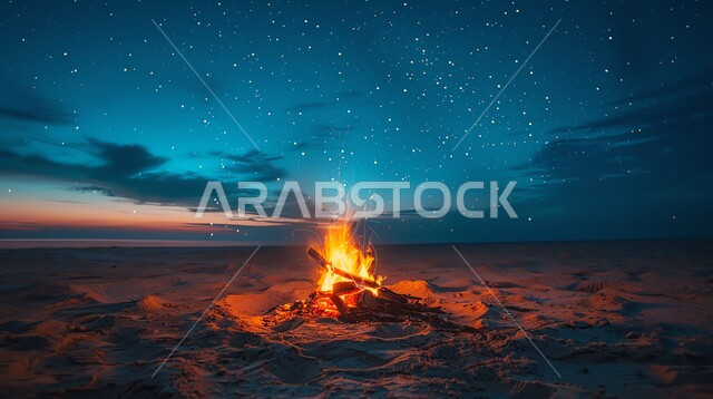 أجواء ليلية هادئة أمام شعلة الحطب في الصحراء، أماكن المغامرات والكشتات البرية، مخيمات سياحية في صحاري المملكة العربية السعودية، أجواء التخييم الشبابية الممتعه، الطبيعة والرمال الذهبية الناعمة، منظر السماء المرصعة بالنجوم ليلا