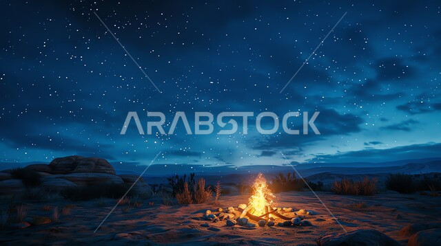 أجواء ليلية هادئة أمام شعلة الحطب في الصحراء، أماكن المغامرات والكشتات البرية، مخيمات سياحية في صحاري المملكة العربية السعودية، أجواء التخييم الشبابية الممتعه، الطبيعة والرمال الذهبية الناعمة، منظر السماء المرصعة بالنجوم ليلا
