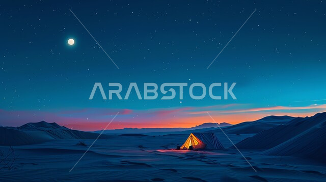 مخيم سياحي في صحاري المملكة العربية السعودية، مغامرة وكشتة برية، جلسة ليلية هادئة أمام الفوانيس المعدنية المشتعلة، أجواء التخييم الشبابية الممتعه، الرمال الذهبية الناعمة والطبيعة، خيمة شعبية في المناطق الصحراوية