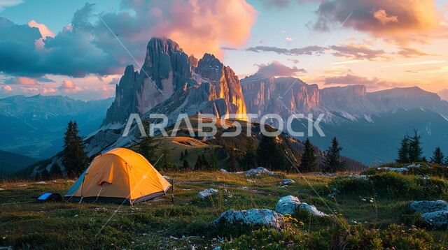 أجواء التخييم الشبابية الممتعه، المغامرات والكشتات البرية، خيمة صغيرة منصوبة في منطقة صحراوية، الطبيعة والتضاريس والمرتفعات الجبلية، مخيمات سياحية في حقول وجبال المملكة العربية السعودية